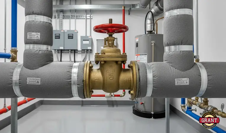 a commercial utility room, focusing on well-insulated pipes and a main water shut-off valve